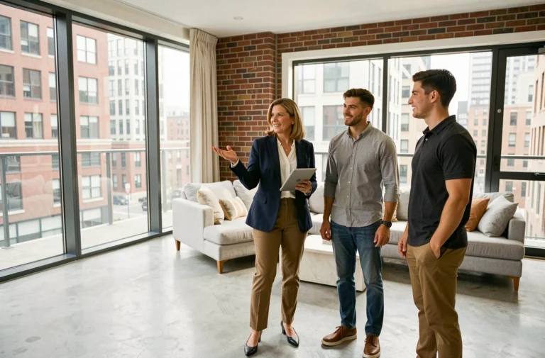 Agent immobilier présentant un appartement moderne à un couple lors d'une visite immobilière