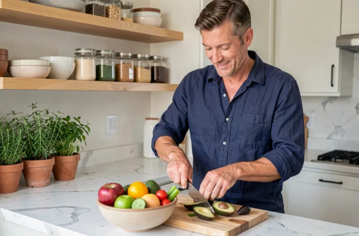 Homme préparant un bol sain de fruits et légumes frais dans une cuisine moderne avec plan de travail en marbre