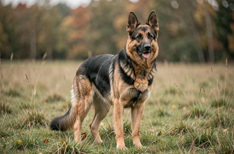 Berger allemand croisé beauceron adulte dans un champ, debout et attentif, pelage noir et feu bien visible