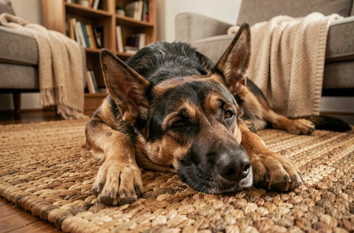 Berger allemand croisé beauceron allongé sur un tapis dans un salon moderne, posture détendue et sereine à la maison