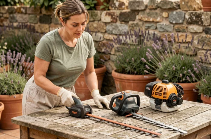 Femme comparant deux modèles de taille-haies, sans fil et thermique, posés sur une table de jardin en bois