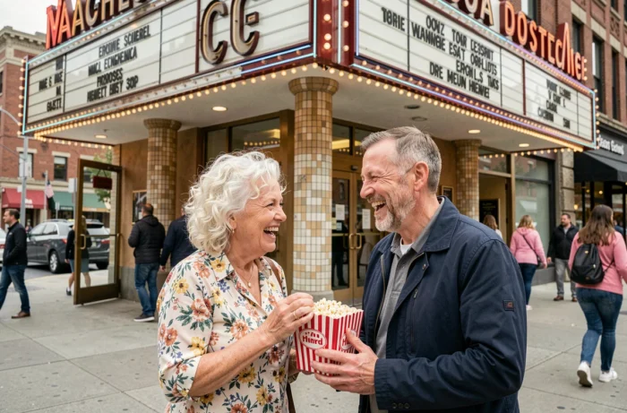 Couple de seniors devant l'entrée d'un cinéma partageant du popcorn et regardant les horaires des séances