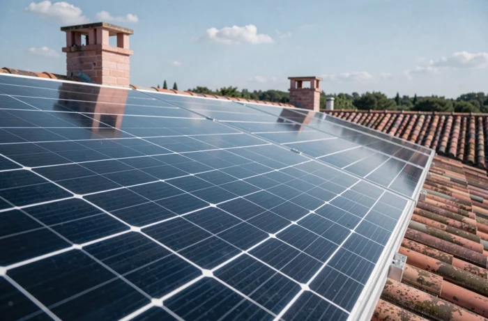 Rangée de panneaux solaires monocristallins sur un toit en tuiles dans la région toulousaine