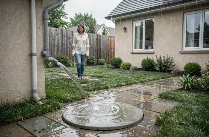 Femme observant le système de drainage pluvial relié à un puits perdu dans son jardin sous la pluie
