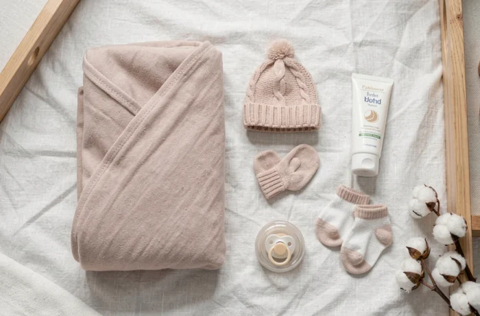 Flat lay des essentiels pour nouveau-né : gigoteuse, bonnet, biberon, lotion et chaussettes sur linge blanc