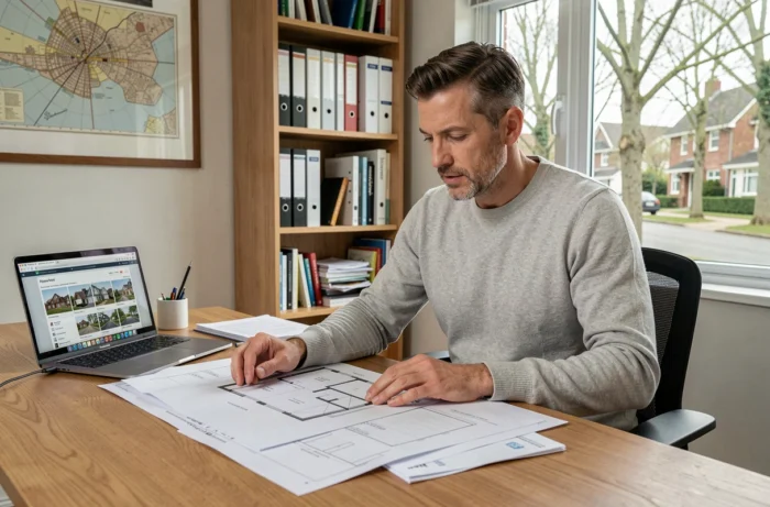 Homme étudiant des plans et documents immobiliers dans un bureau moderne à domicile