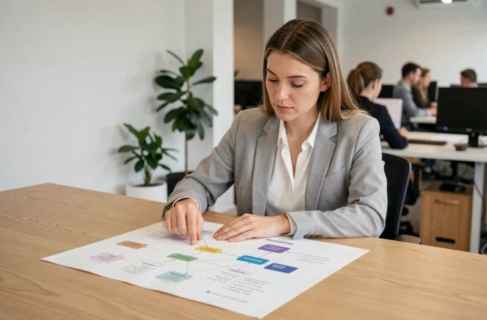 Femme professionnelle analysant un plan de site imprimé sur un bureau en bois dans un bureau moderne