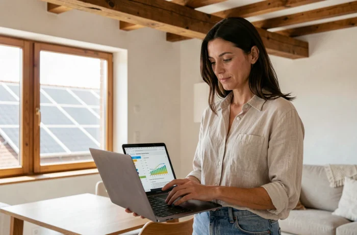 Femme consultant un bilan énergétique solaire sur un ordinateur portable dans une maison moderne de Toulouse