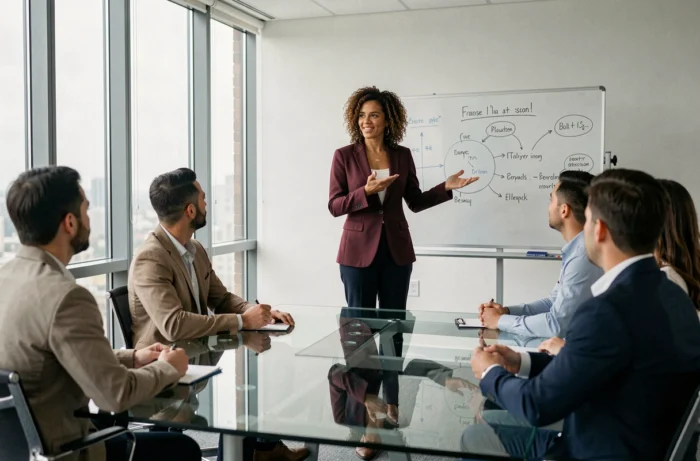 Femme cheffe d'entreprise présentant une stratégie business lors d'une réunion professionnelle