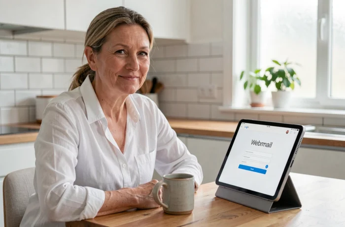 Femme se connectant à Alice Mail via une tablette posée sur une table de cuisine le matin