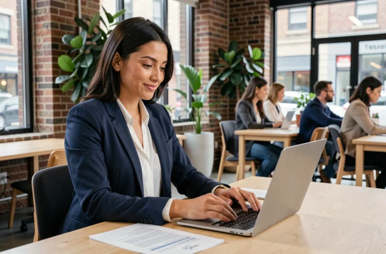 Femme entrepreneure confiante travaillant à son bureau dans un espace de coworking moderne