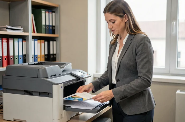 Femme récupérant un document imprimé en couleur sur une imprimante laser multifonction dans un bureau professionnel