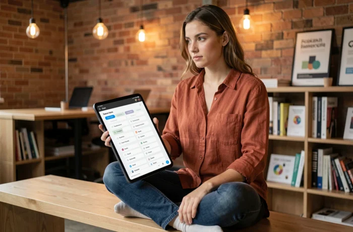 Jeune femme consultant un plan de site numérique sur tablette dans un espace de coworking moderne
