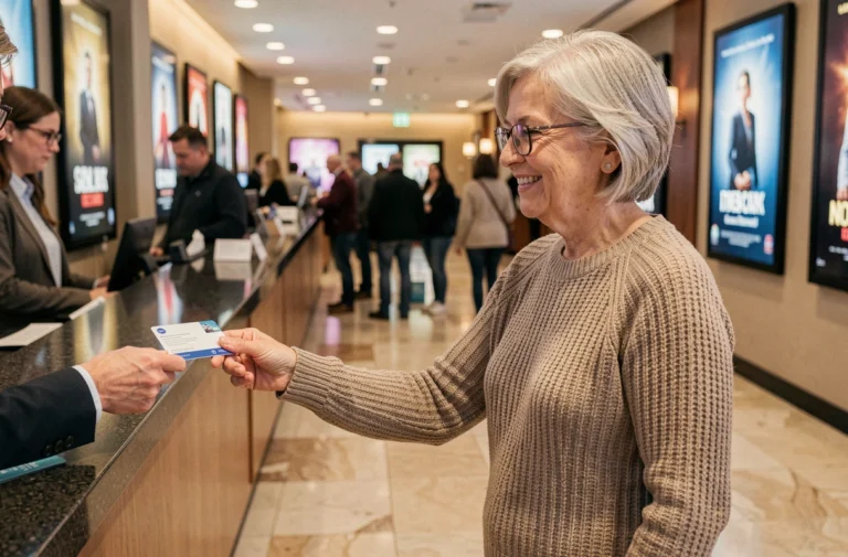 Femme senior souriante présentant sa carte de réduction au guichet d'un cinéma moderne