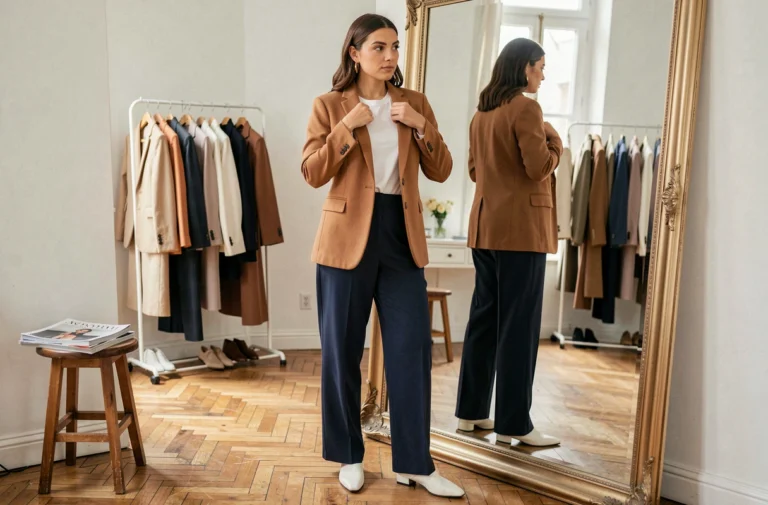 Femme stylée en blazer camel et pantalon large devant un miroir dans un appartement parisien, composant son look avec assurance