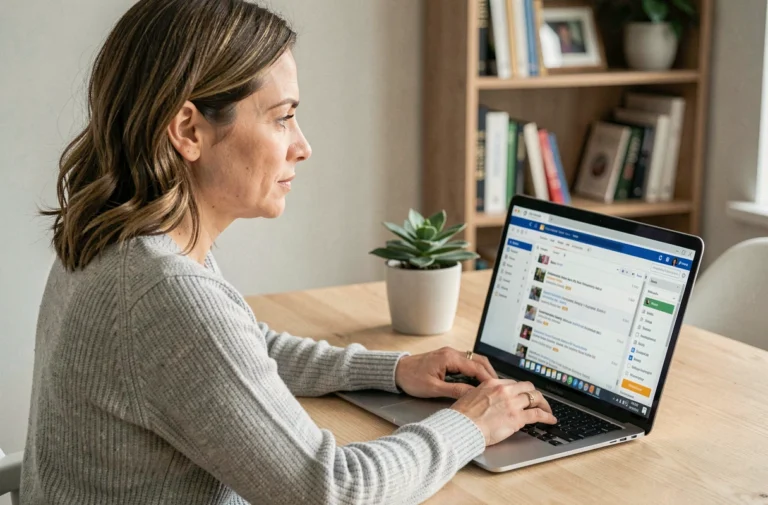 Femme utilisant le webmail Alice Mail sur un ordinateur portable dans un bureau à domicile