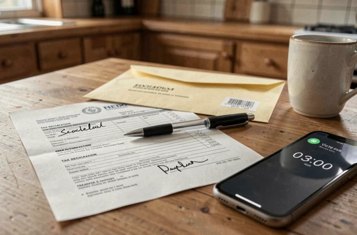 Gros plan sur un formulaire de déclaration d'impôts partiellement rempli, un stylo et une enveloppe fiscale officielle sur une table de cuisine
