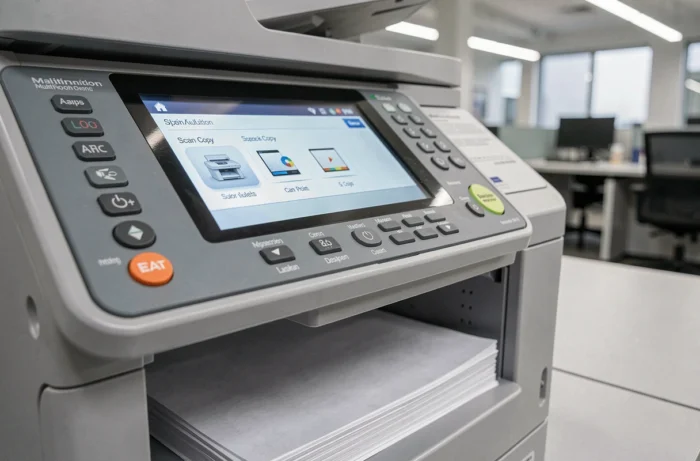 Gros plan sur l'écran tactile et le panneau de contrôle d'une imprimante multifonction laser couleur HP