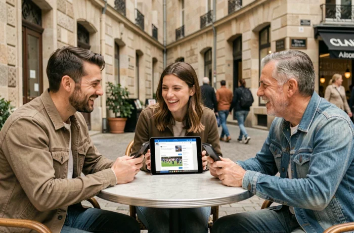 Groupe de supporters de l'ASM discutant du forum Cybervulcans en terrasse à Clermont-Ferrand