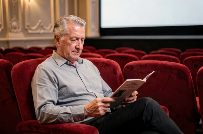 Homme âgé assis dans un fauteuil de cinéma classique consultant le programme des films