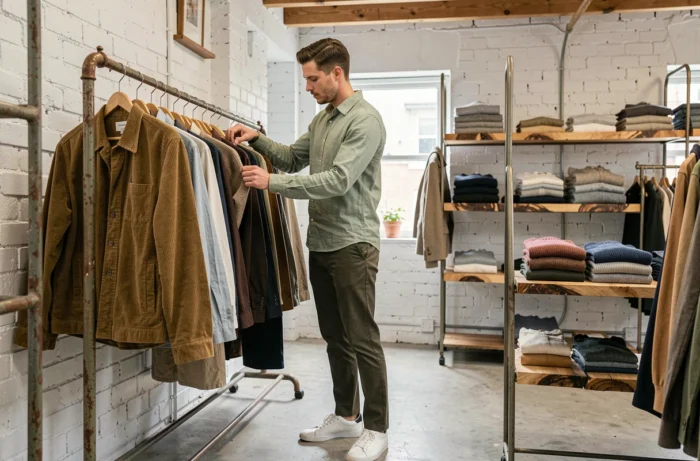 Homme en chemise en lin vert sage feuilletant des vêtements dans une boutique vintage au décor authentique avec briques apparentes