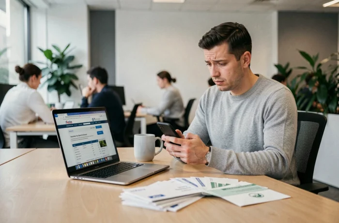 Jeune homme vérifiant les délais de déclaration d'impôts sur son ordinateur portable dans un bureau moderne