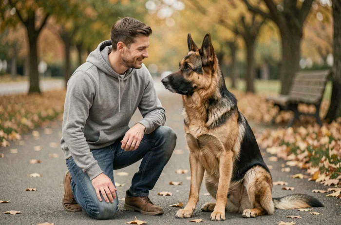 Homme agenouillé en parc avec son berger allemand croisé beauceron en position assise, complicité entre l'homme et le chien