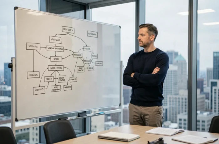 Homme debout devant un tableau blanc avec une architecture de site web dessinée à la main en réunion