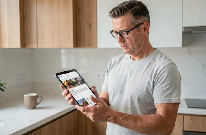Homme consultant un site de ressources parentales sur une tablette dans une cuisine moderne et lumineuse