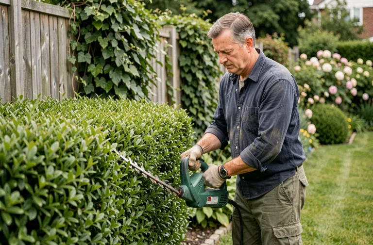 Homme utilisant un taille-haie électrique filaire pour tailler une haie de troène dans un jardin résidentiel soigné