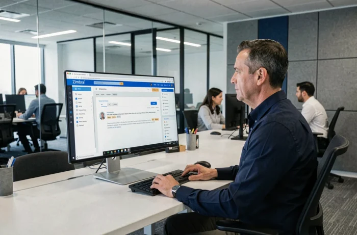 Homme consultant son interface Zimbra webmail sur un grand écran dans un open-space professionnel