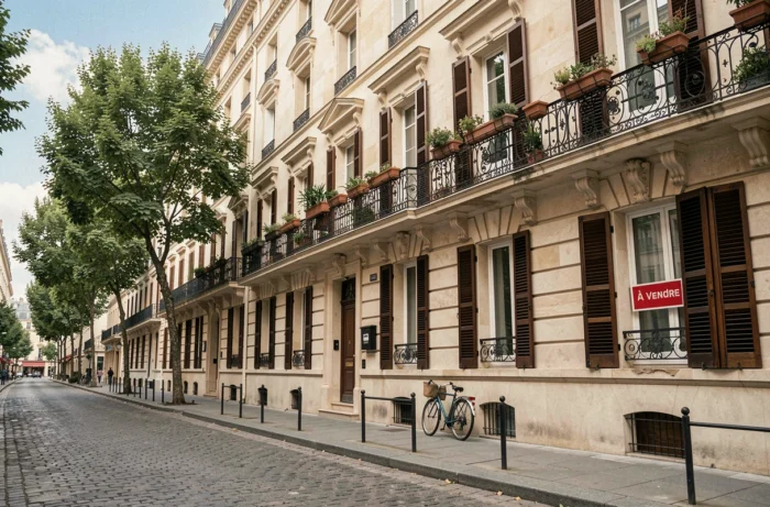 Immeubles haussmanniens à vendre dans une rue résidentielle parisienne avec panneau immobilier