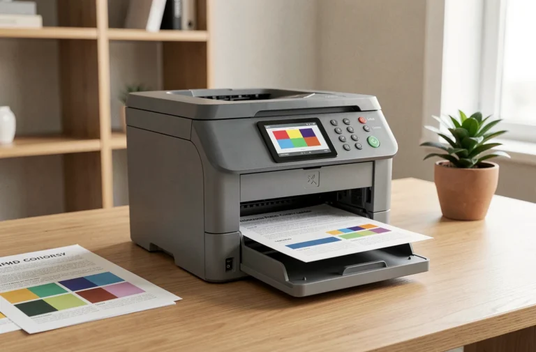 Imprimante multifonction couleur laser HP sur un bureau en bois dans un bureau à domicile moderne