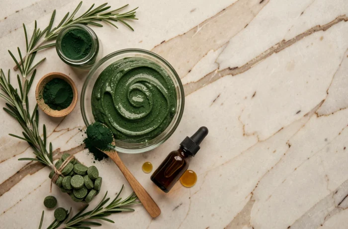 Flat-lay des ingrédients naturels pour un soin capillaire à la spiruline : poudre verte, bol de masque, huile d'argan et romarin frais sur marbre