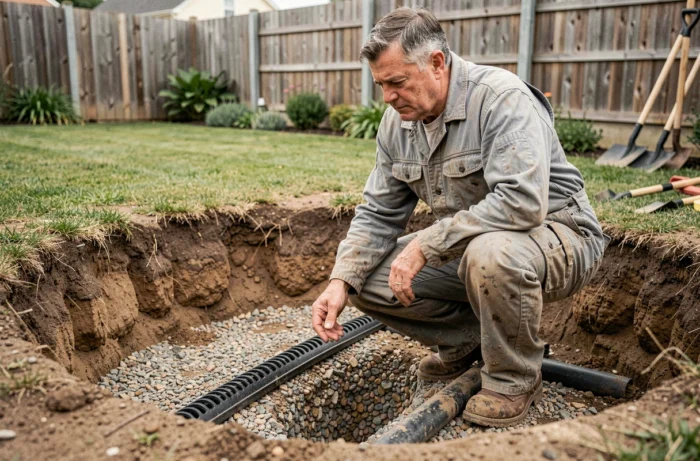 Artisan installant un puits perdu dans un jardin résidentiel, avec graviers et tuyau perforé visibles dans la fouille