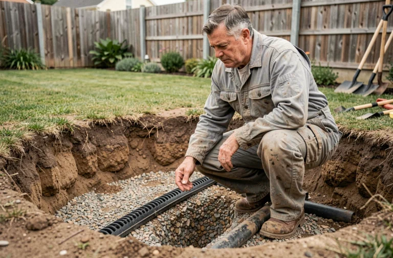 Artisan installant un puits perdu dans un jardin résidentiel, avec graviers et tuyau perforé visibles dans la fouille