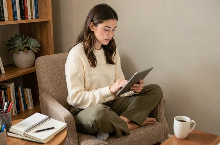 Jeune femme entrepreneure travaillant depuis son bureau à domicile dans une ambiance chaleureuse
