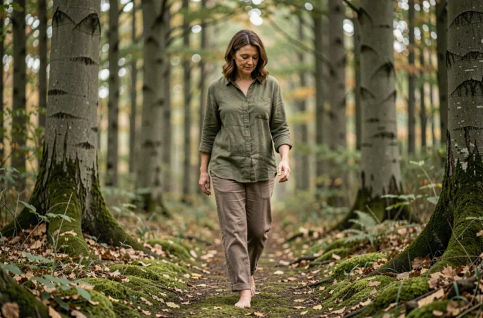 Femme marchant pieds nus sur un sentier forestier entouré d'arbres, symbolisant la reconnexion à la nature pour le bien-être