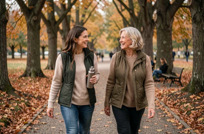 Deux femmes marchant et discutant dans un parc urbain en automne pour une promenade bien-être