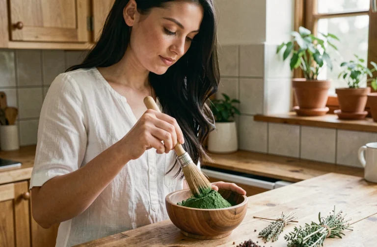 Jeune femme préparant un masque capillaire à base de spiruline en poudre dans une cuisine naturelle et apaisante