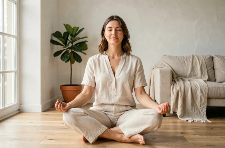 Femme en tenue de lin pratiquant la méditation sur un parquet en bois dans un salon minimaliste scandinave