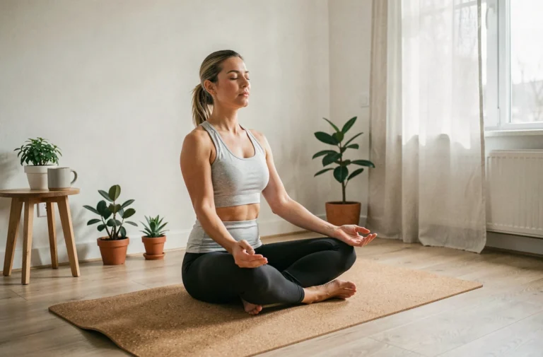 Femme pratiquant la méditation sur un tapis de yoga en liège dans un salon minimaliste et apaisant