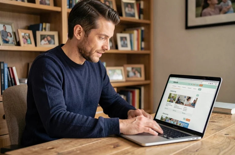 Père de famille explorant les ressources en ligne du site Mister Papa sur un ordinateur portable dans un bureau à domicile chaleureux