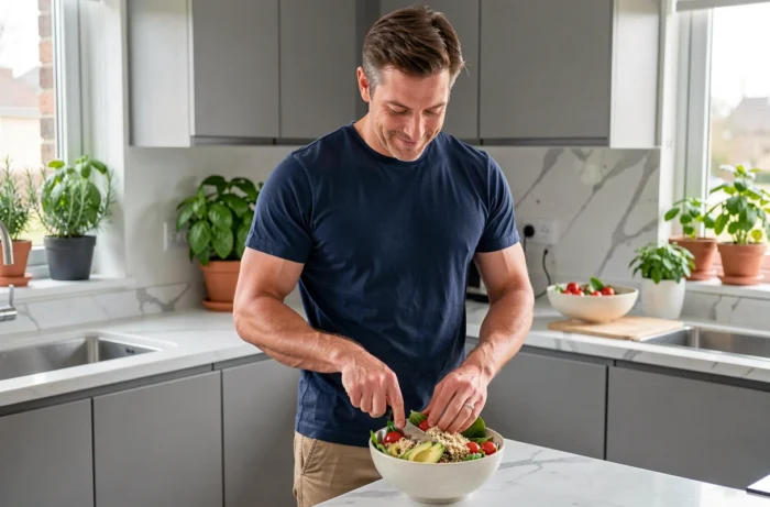 Homme préparant un bol de salade saine et colorée dans une cuisine moderne au design épuré