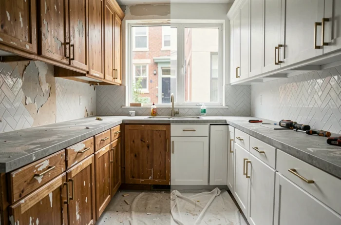 Cuisine en cours de rénovation avec contraste entre anciens et nouveaux meubles modernes