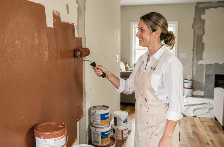Femme en train de peindre un mur en terracotta lors d'une rénovation intérieure maison