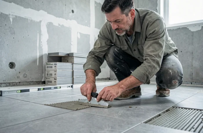 Artisan posant du carrelage en grès cérame gris lors d'une rénovation de salle de bain