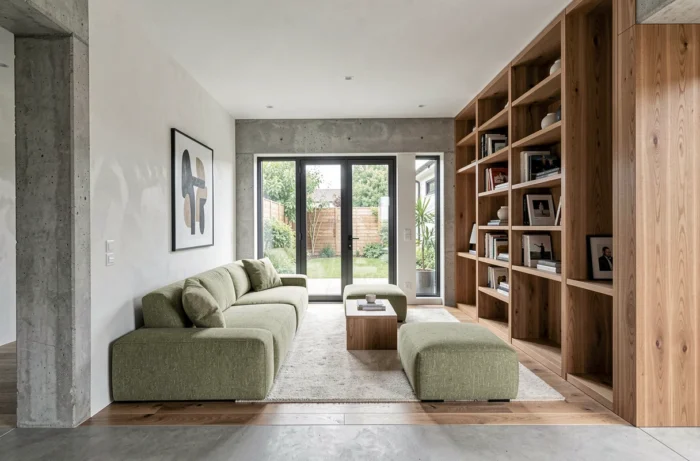 Intérieur de salon contemporain rénové avec béton brut, boiseries en chêne et bibliothèque intégrée du sol au plafond, réalisé par un cabinet d'architecture