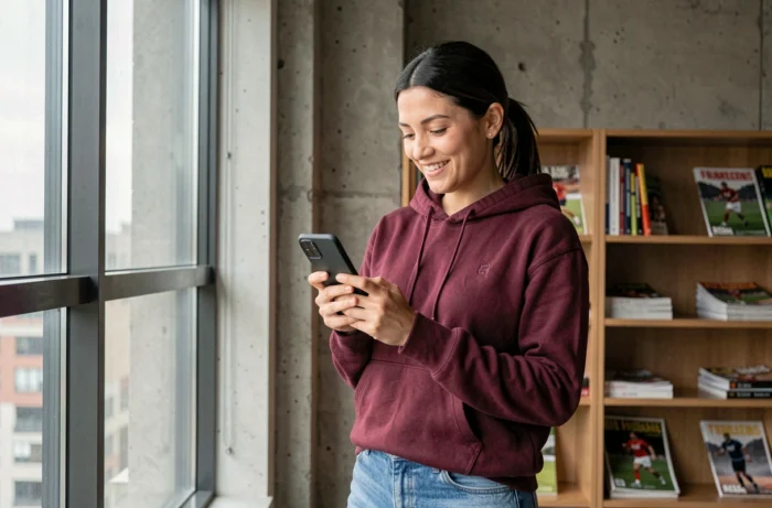 Jeune femme supportrice de l'ASM parcourant le forum Cybervulcans sur son smartphone dans son appartement moderne