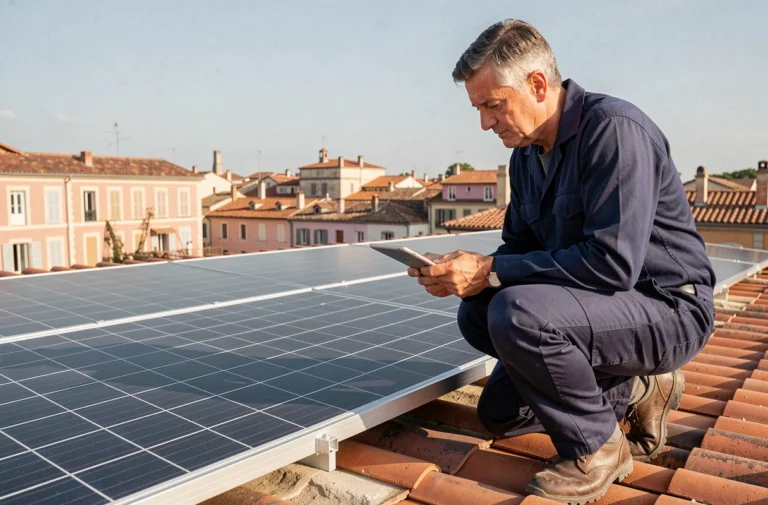 Technicien inspectant des panneaux solaires sur un toit en tuiles à Toulouse avec une tablette numérique